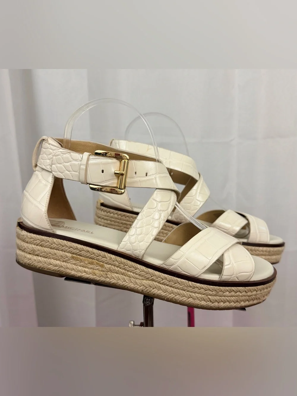 Michael Michael Kors Cream Crocodile Embossed Espadrille Platform Sandals US 8
